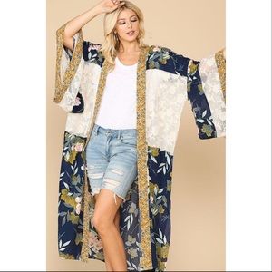 Floral Lace Accent Maxi Kimono Navy Mix